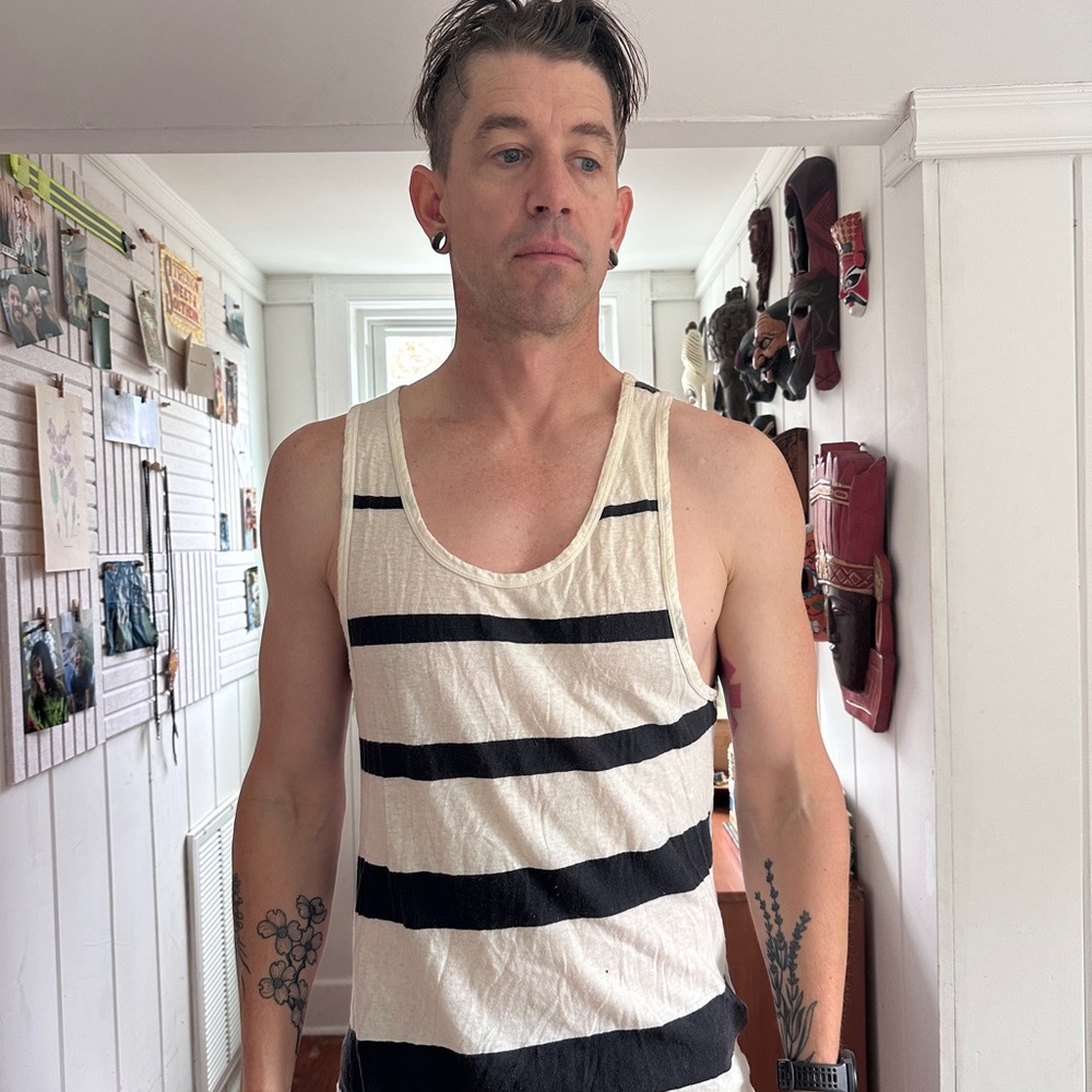 All Saints Black and White Striped Tank Top